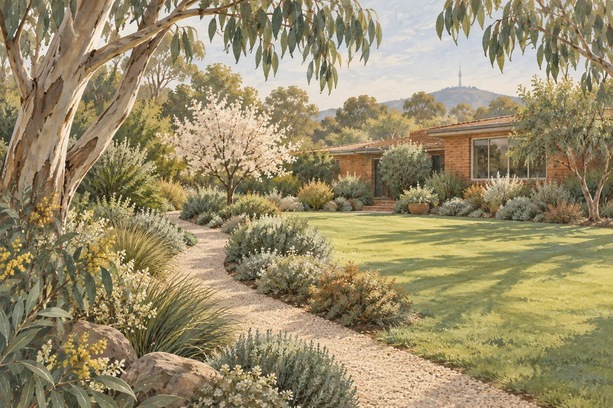 Illustration of a gently curving garden path through spring planting